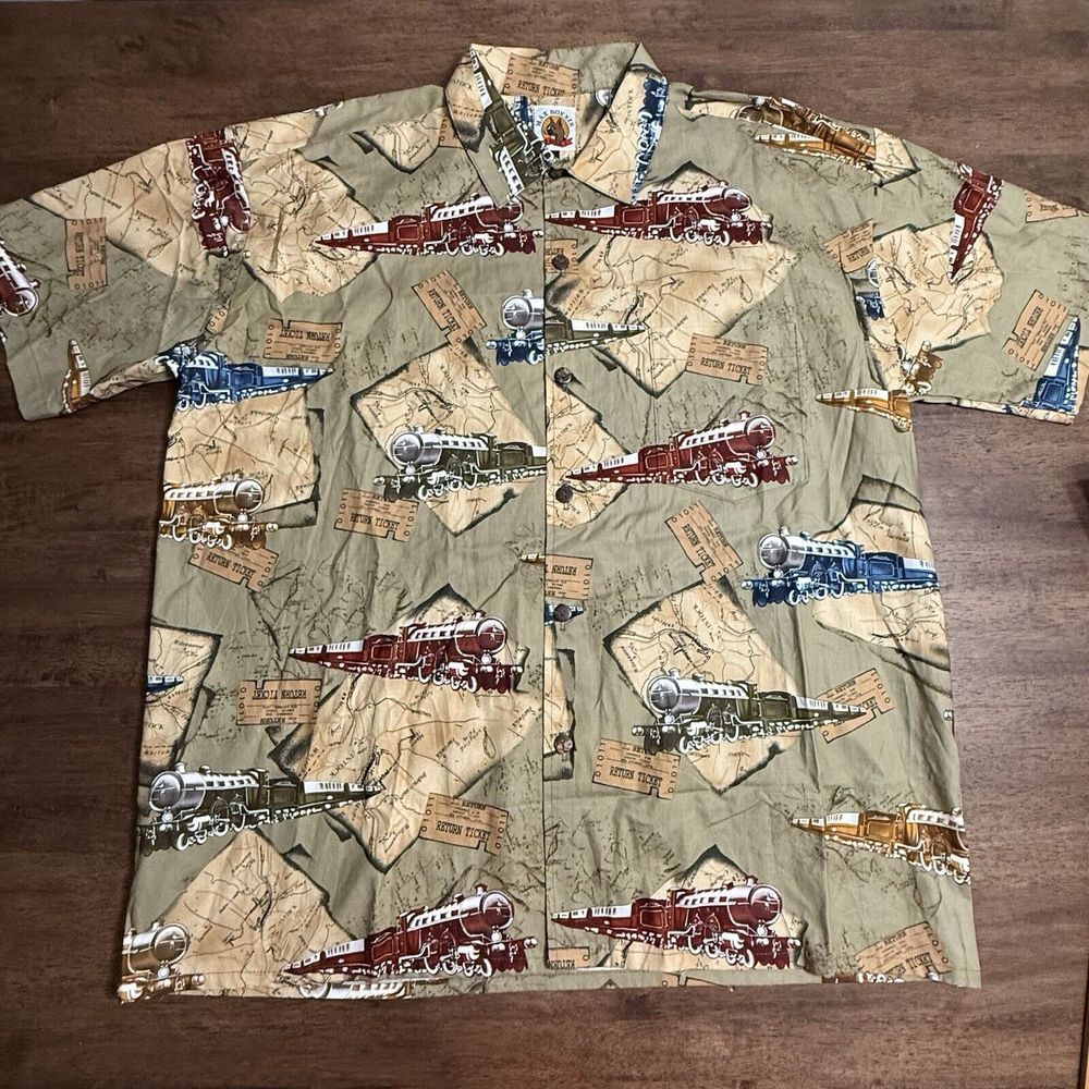 Vintage Max Boxxer Men's Button Up Shirt Hawaiian Locomotive Train Ticket‎ XL